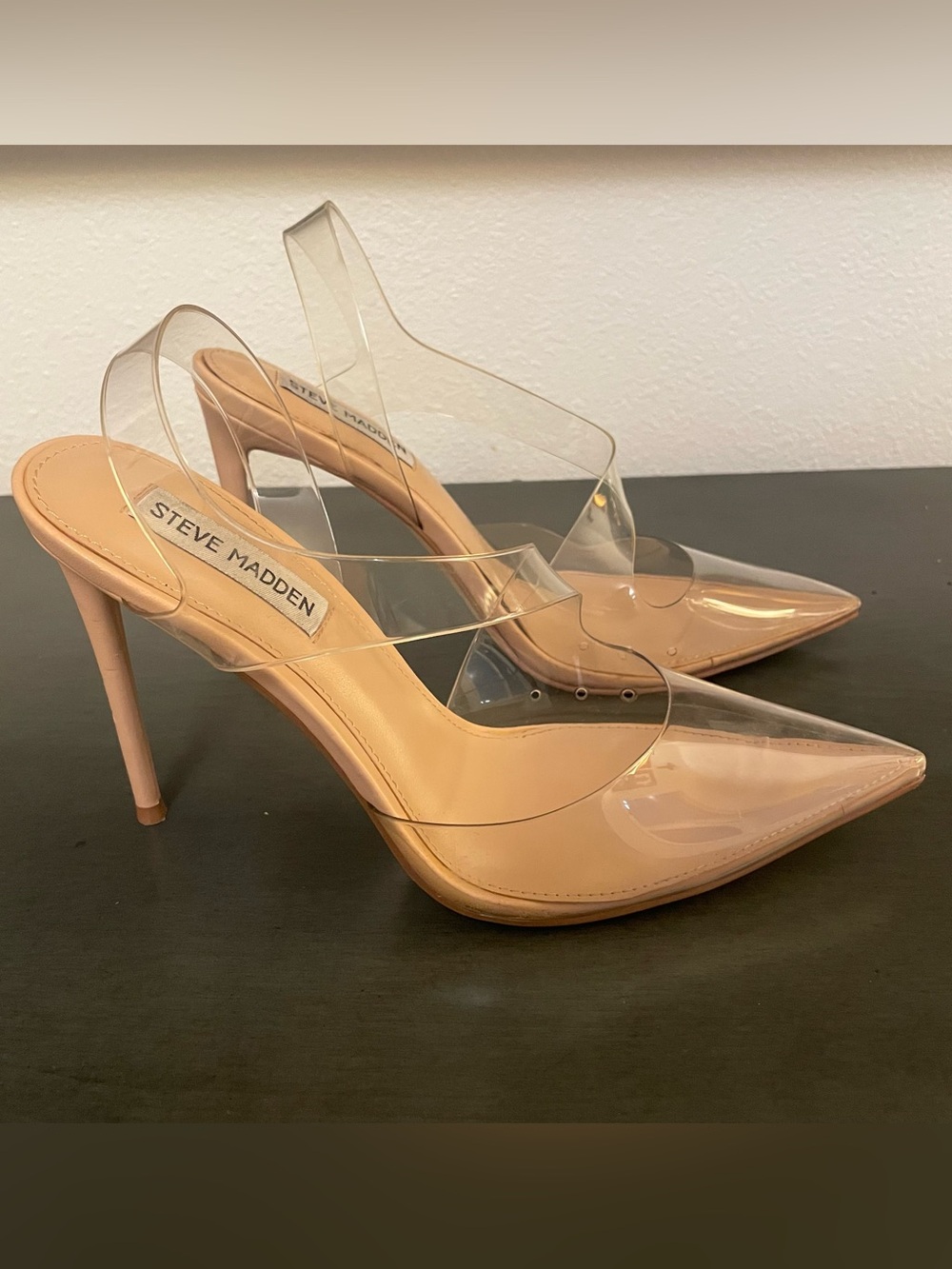 Steve Madden Nude Patent Pointed-Toe Clear Slingback Heels, women’s size 7.5